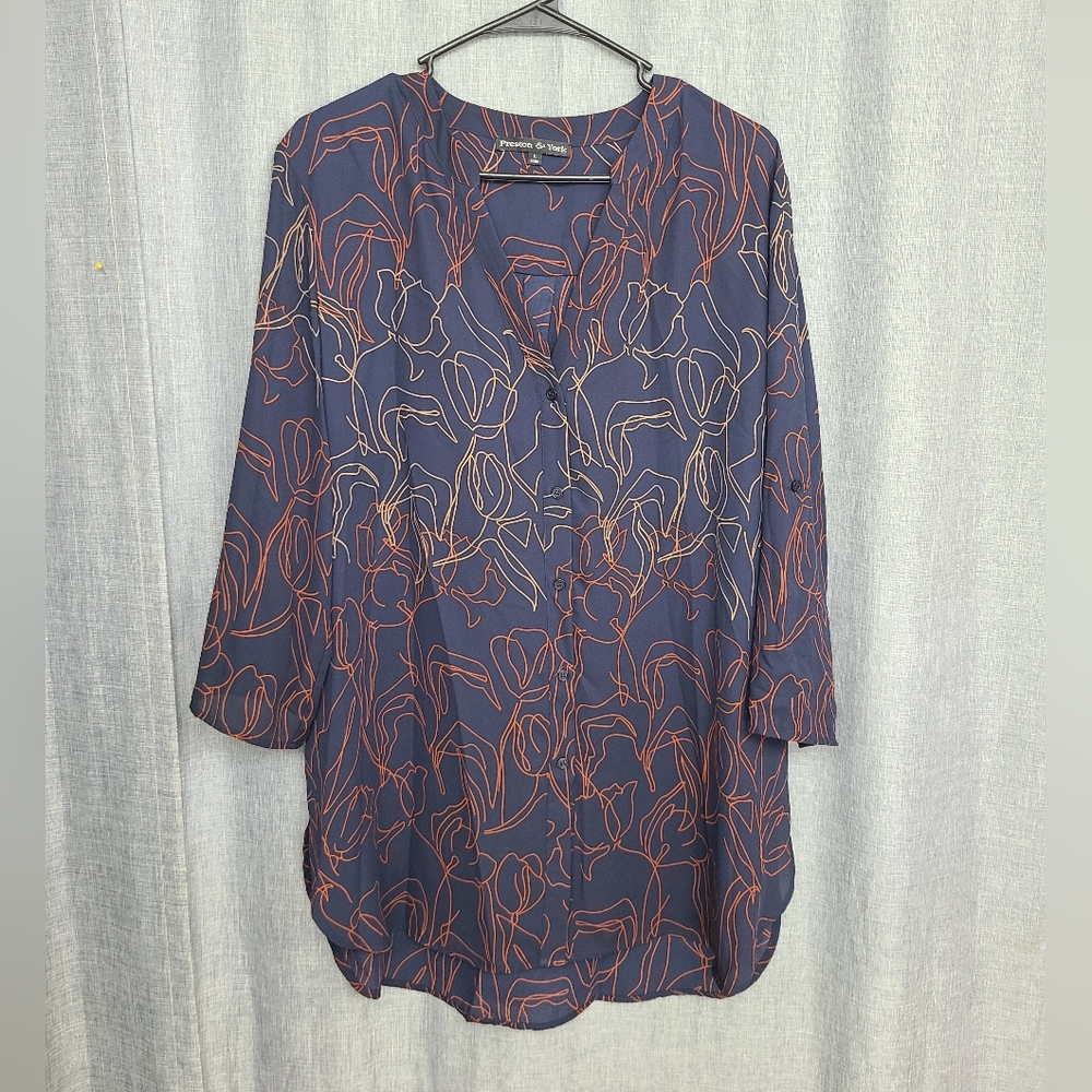 Preston & York women's top/shirt button down navy/beige/rust rollsleeve L